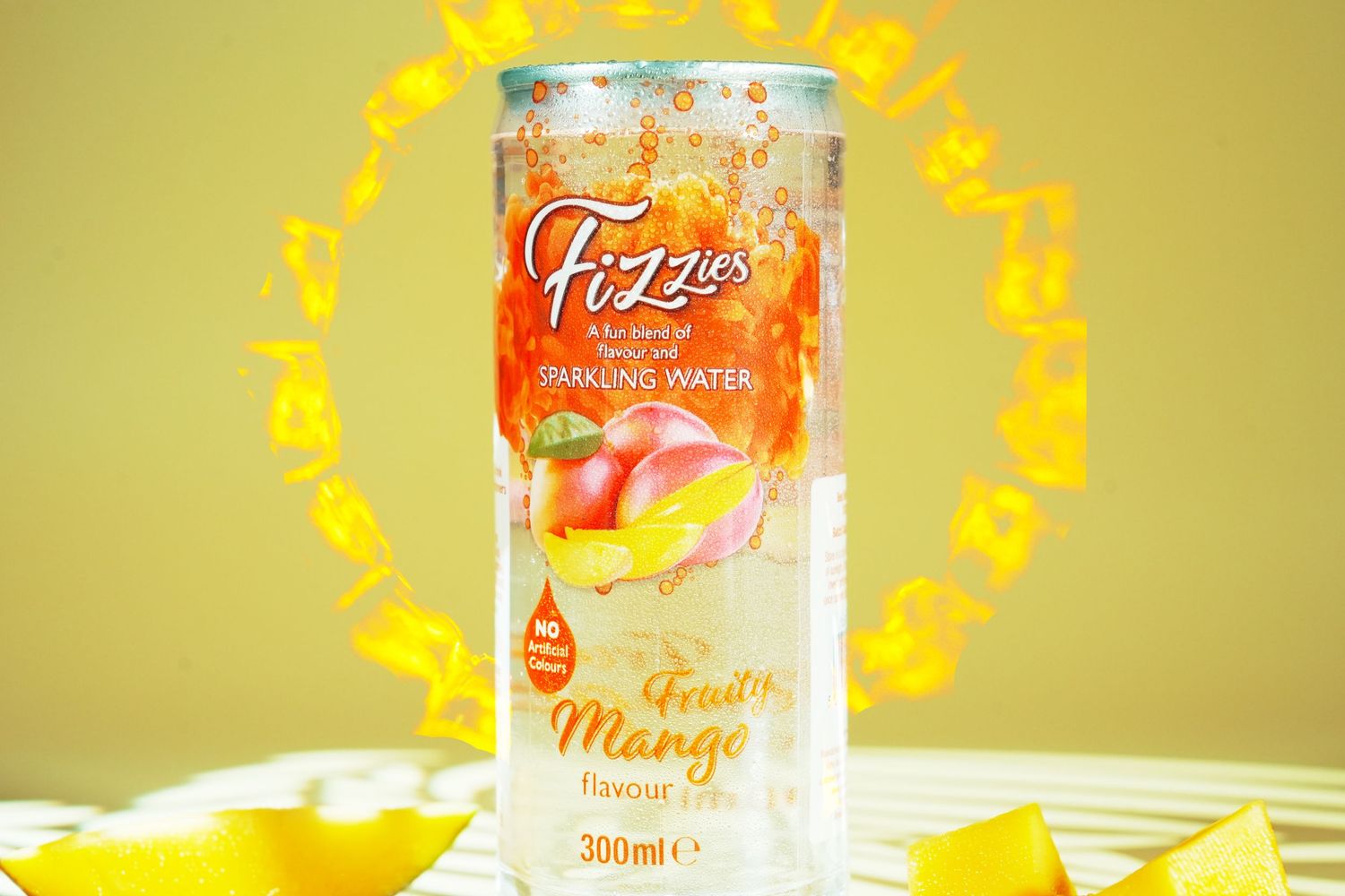 Glass bottle of Fizzy mango-flavored drink with glowing yellow light effect on yellow background.