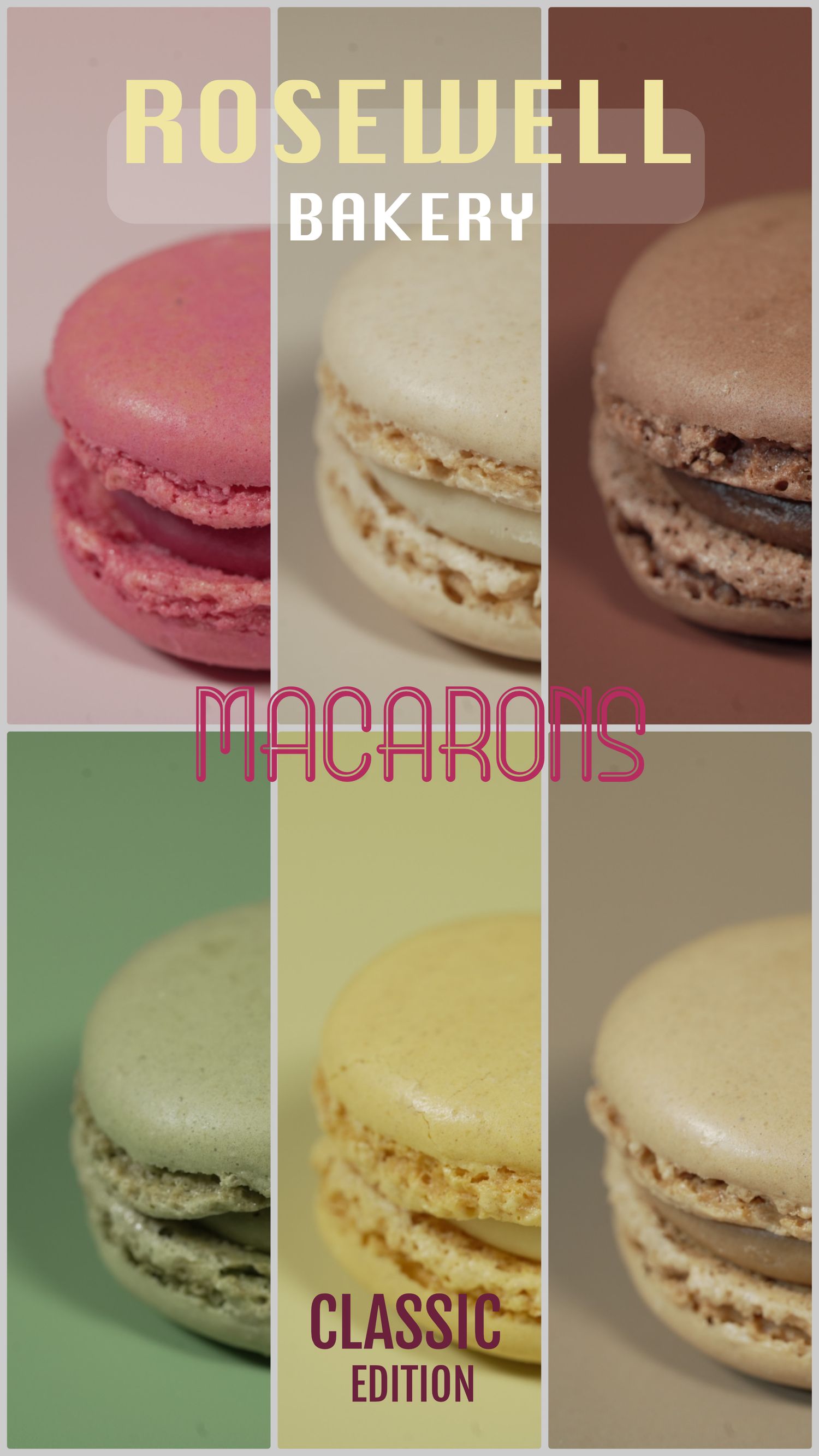 Colorful assortment of French macarons displayed in rows with bakery branding.