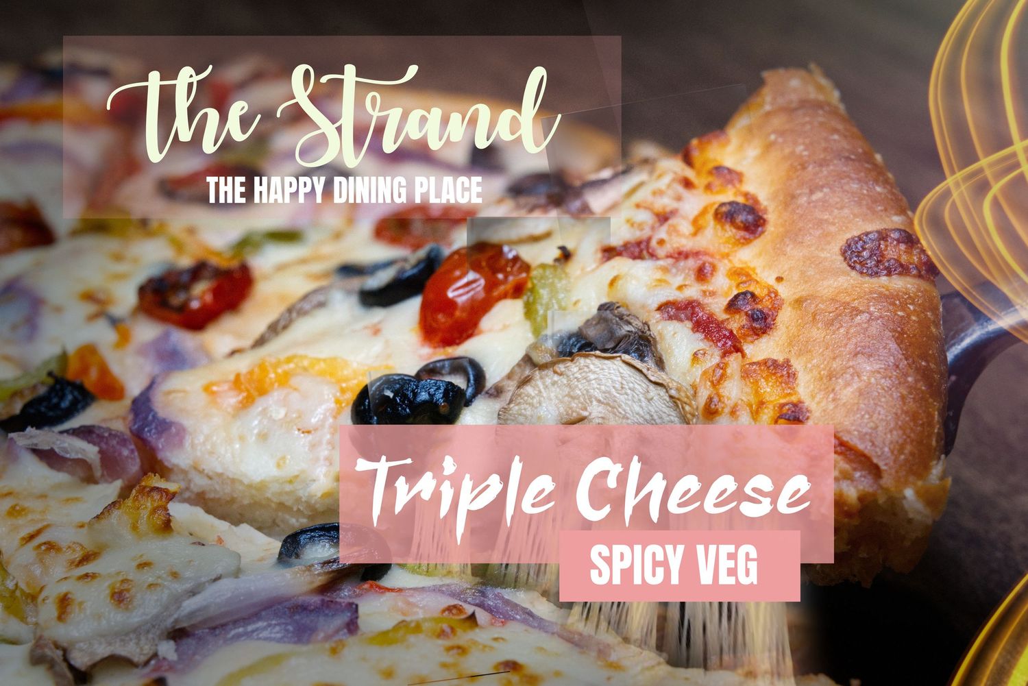 Triple cheese pizza with olives and tomatoes on rustic crust with text overlay.