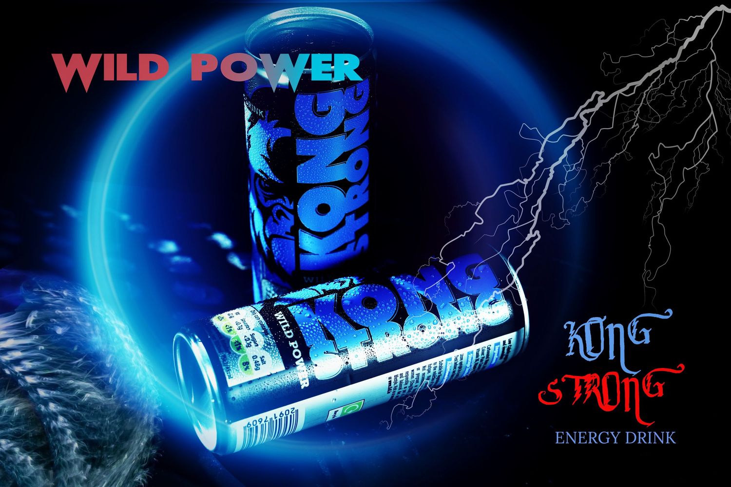 Wild Power energy drink can with lightning effects against dark blue background.