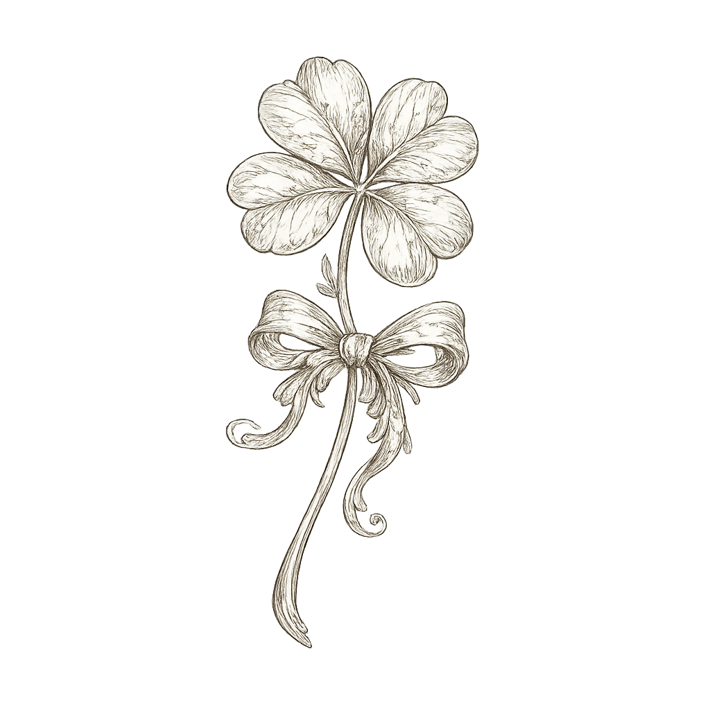 Delicate hand-drawn botanical illustration of scattered shamrock clovers in a vintage engraving style. Motherhood photographer london uk