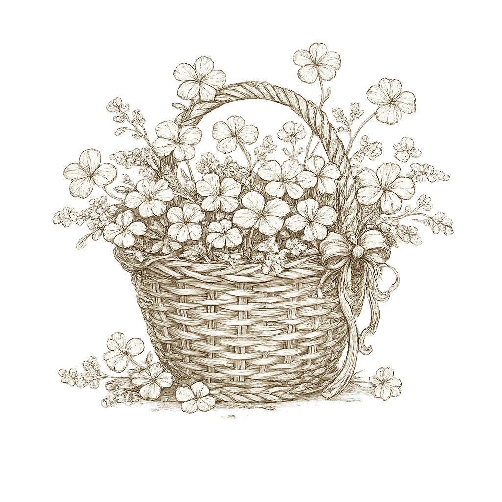Hand drawn vintage wicker baskets with delicate flowers in a decorative border illustration. Motherhood UK photographer