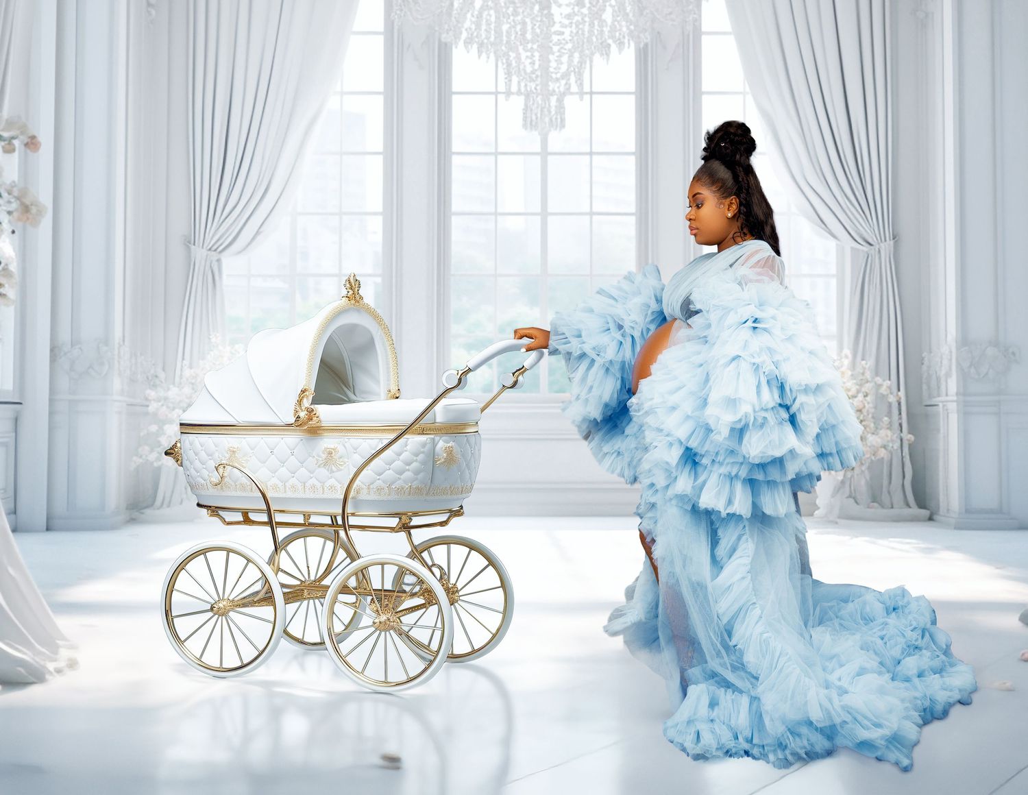 Girl in a light blue tulle ruffled gown pushes a vintage white and gold baby carriage in a bright, luxurious white room.