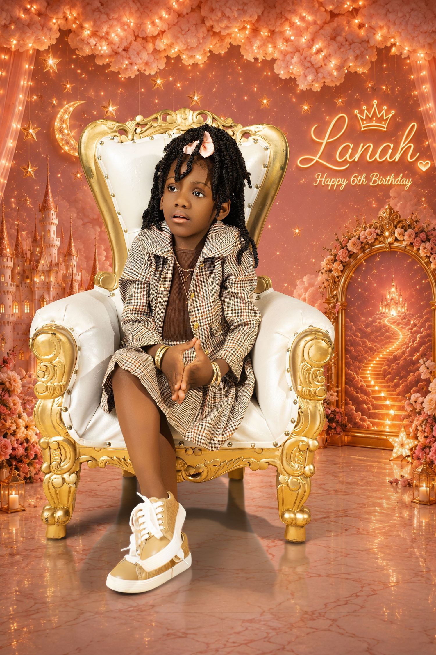 Girl in a plaid coat and white sneakers sits on a gold throne in a pink castle backdrop for her 6th birthday.