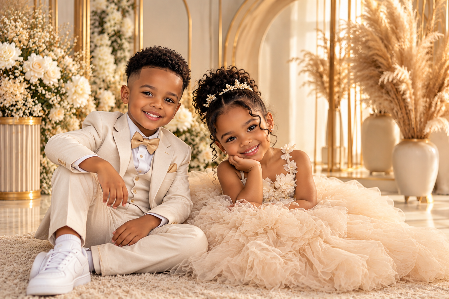 Two smiling children in formal attire, a boy in a cream suit with bow tie and a girl in a tulle gown with tiara, posing amid flowers.