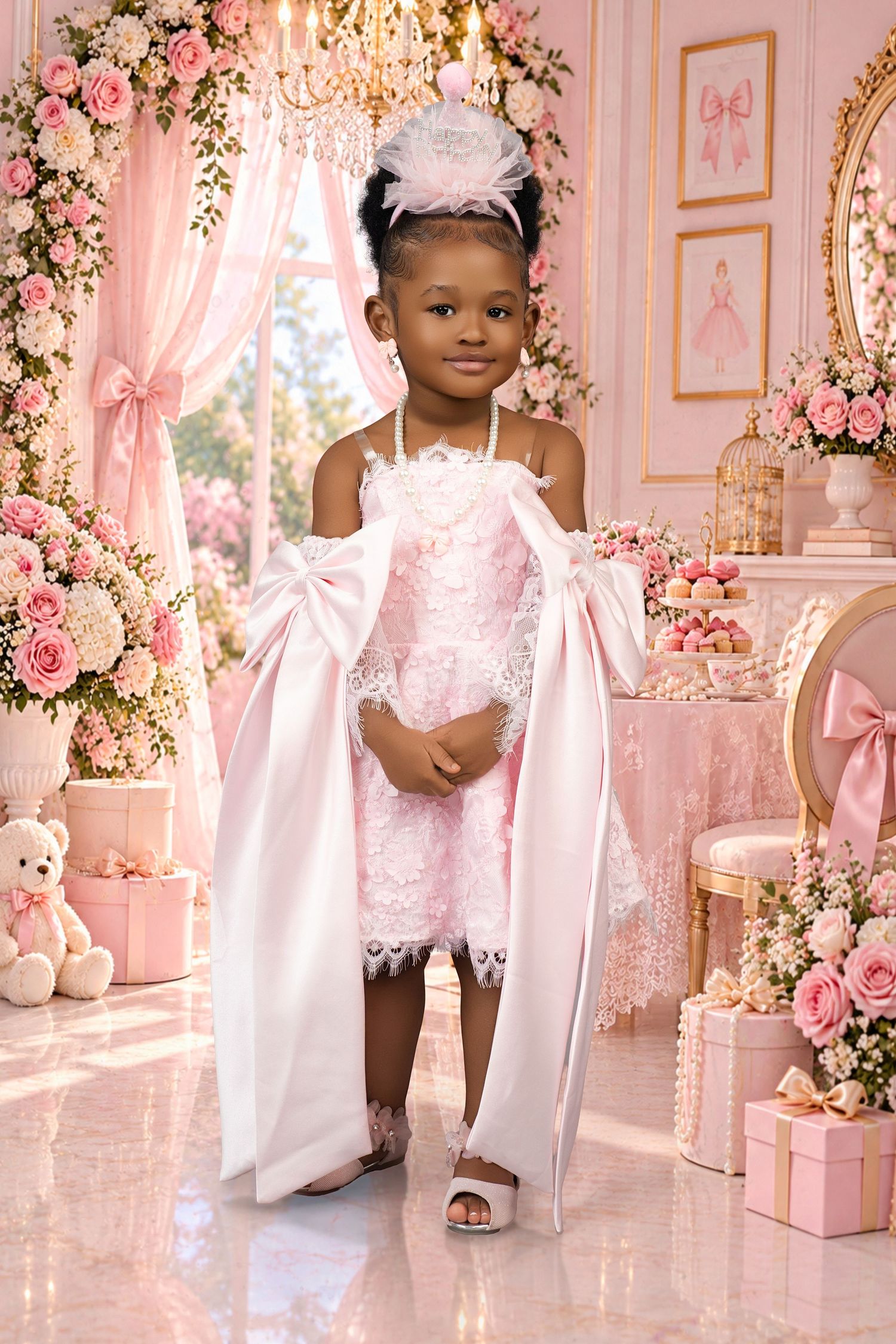 Girl in a pink lace dress with a long white satin bow cape and feather headpiece, posing in a pink floral room with teddy bear and gifts.