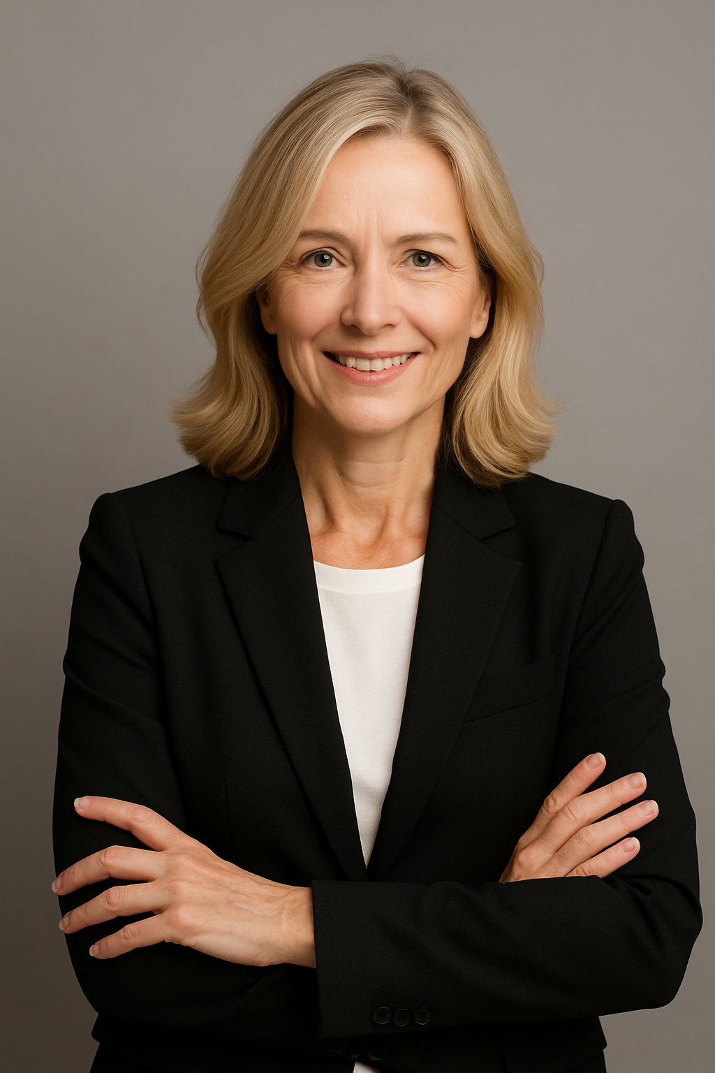 Smiling blonde woman in a black blazer and white top posing with arms crossed for a professional business portrait.