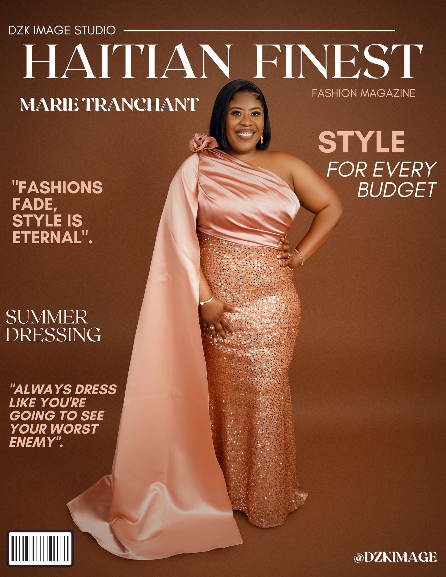 Smiling woman in a pink satin and sequin one-shoulder gown with a cape on the Haitian Finest fashion magazine cover.
