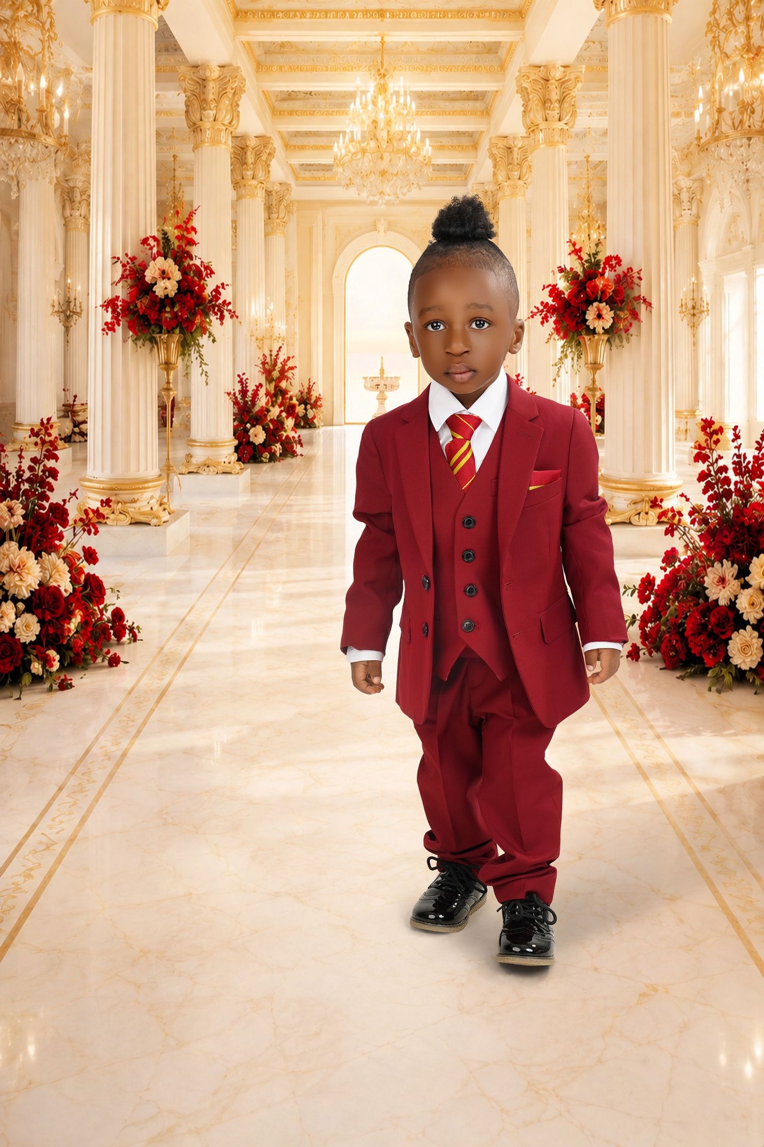 Young boy in a burgundy three-piece suit and striped tie stands in a grand marble hall with gold columns and red floral arrangements.