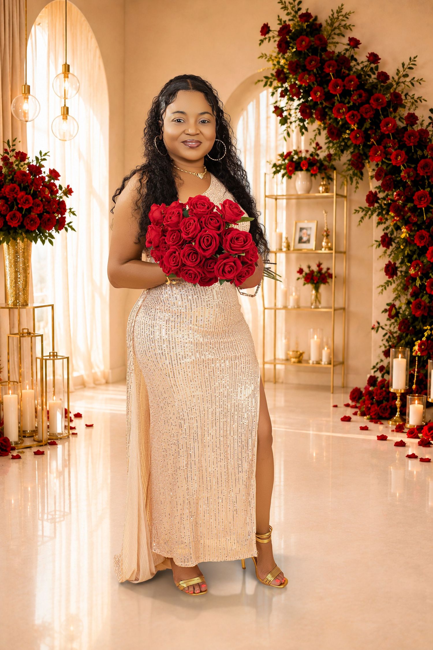 Woman in a champagne sequin gown with a high slit holds a bouquet of red roses in an elegant, candlelit floral setting.