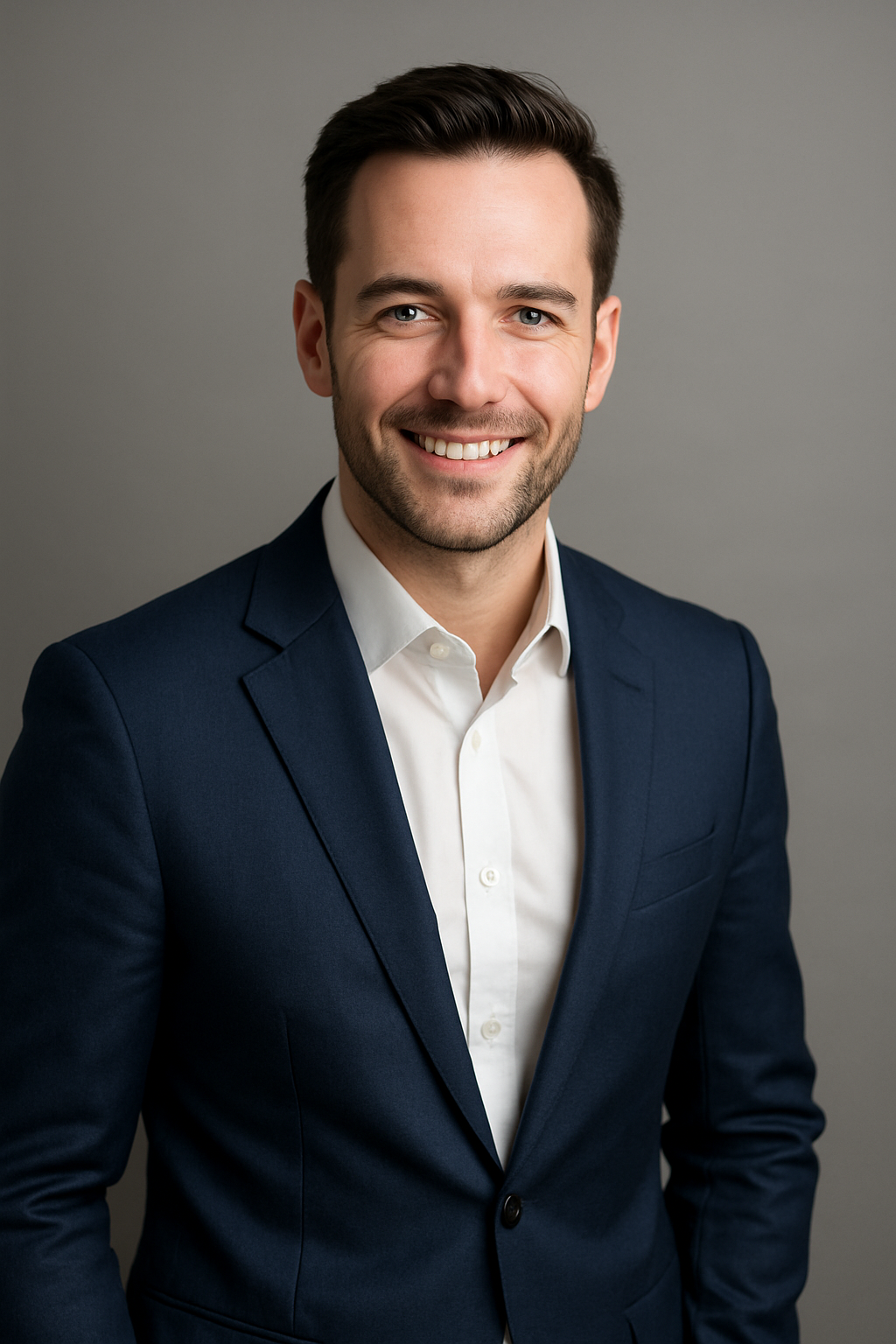 Smiling bearded man in a navy blazer and white open-collar shirt poses for a professional headshot against a gray background.
