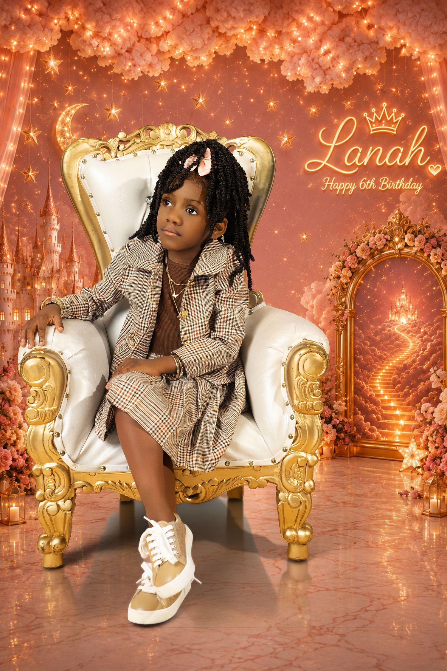 Child in a plaid coat and gold-trimmed sneakers poses on a regal white throne with a fairytale castle birthday backdrop.
