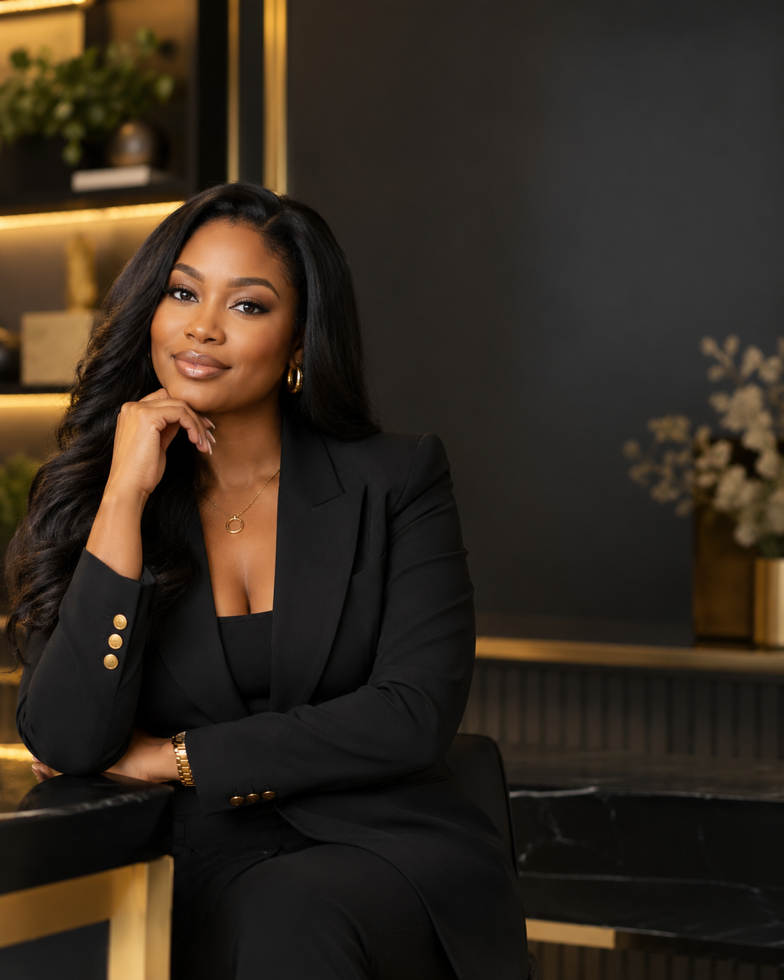 Confident woman with long wavy dark hair in a black blazer with gold buttons poses seated at a black marble counter in a modern gold-accente