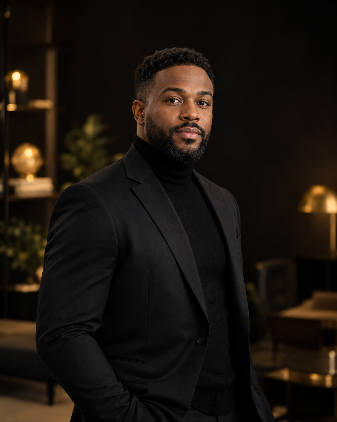Bearded man in a black blazer and black turtleneck poses confidently in a dimly lit room with warm gold lamps and plants.