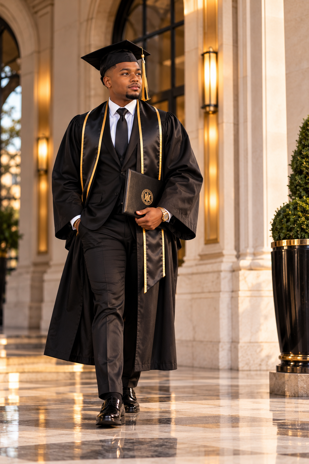 Graduate in a black cap and gown with gold trim holds a diploma folder while walking through an elegant marble hall.