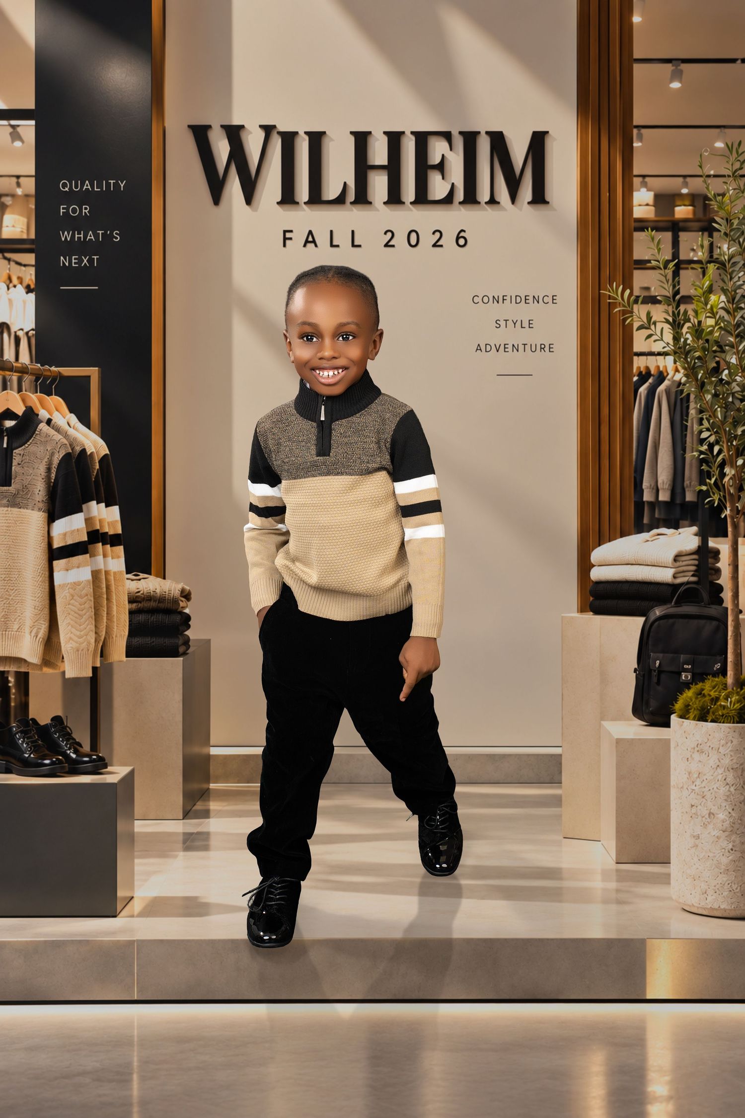 Smiling boy in a tan and black quarter-zip sweater and black pants walking in a boutique with a Wilheim Fall 2026 sign behind him.