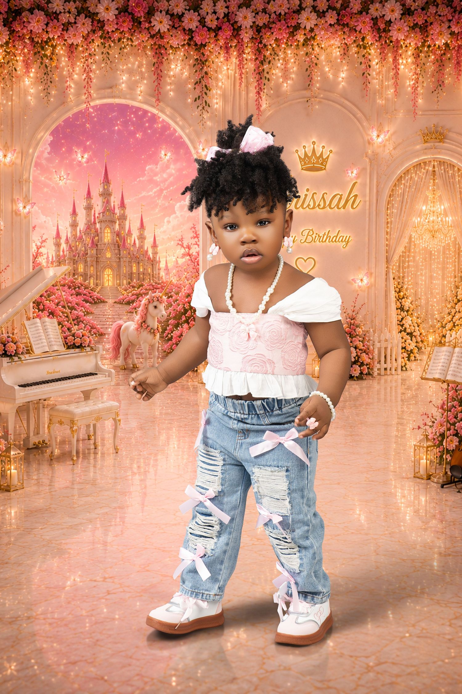 Toddler girl in a pink top, ripped denim jeans with bows and a pearl necklace poses in a princess castle birthday setting.