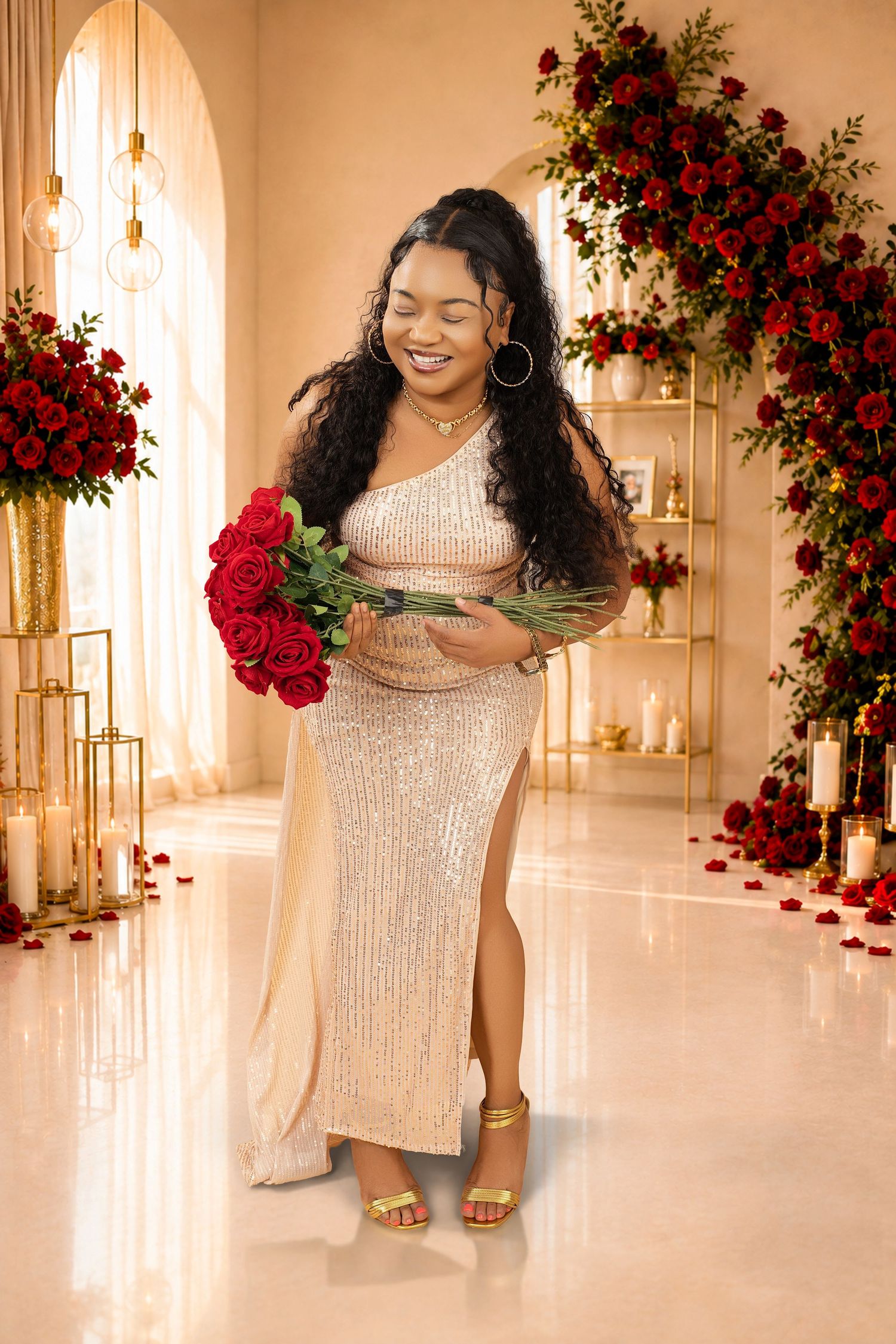 Woman in a one-shoulder champagne sequin gown smiles down at a bouquet of red roses in a romantic, candlelit setting.