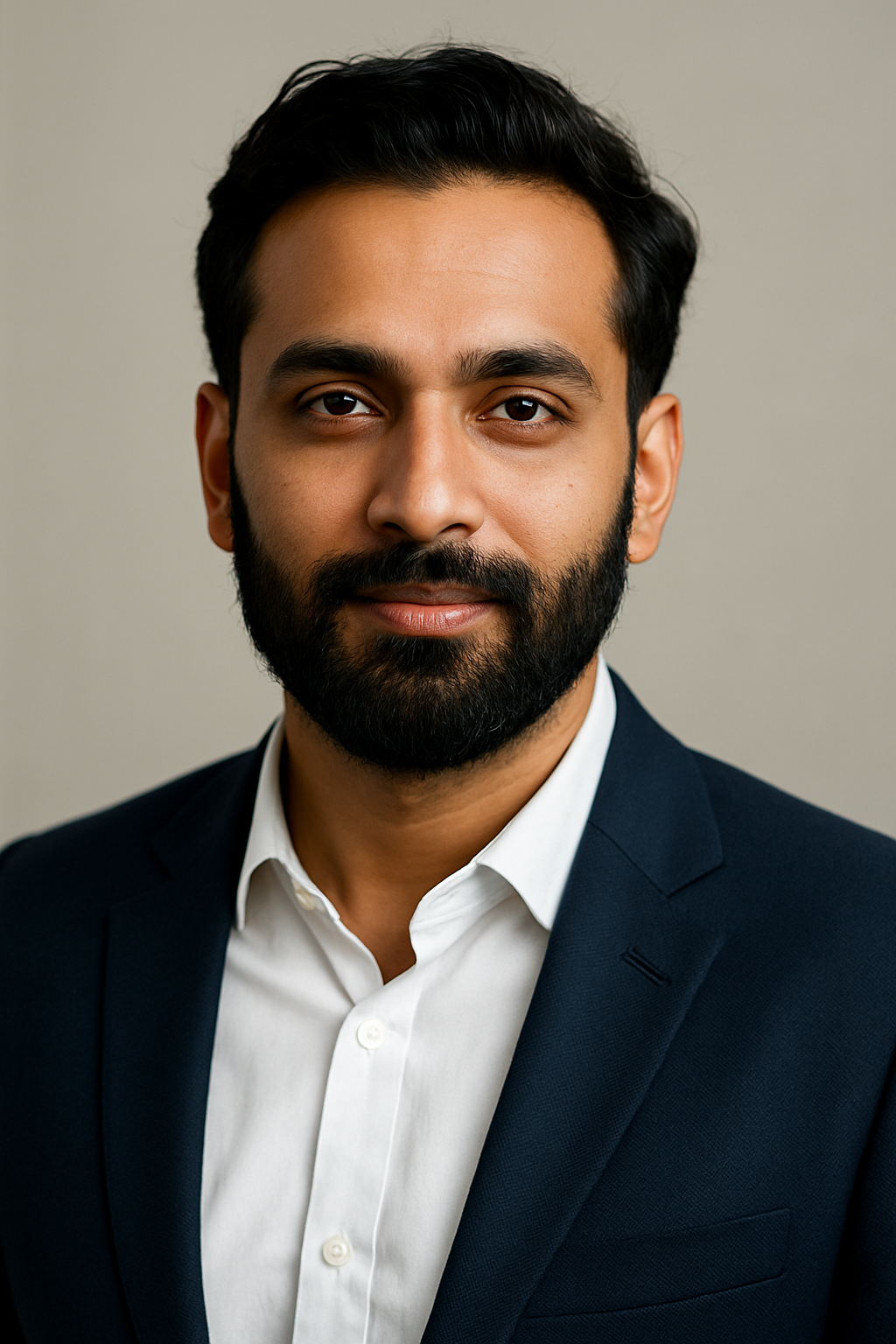 Professional headshot of a bearded man with dark hair wearing a navy blazer and white open-collar shirt.