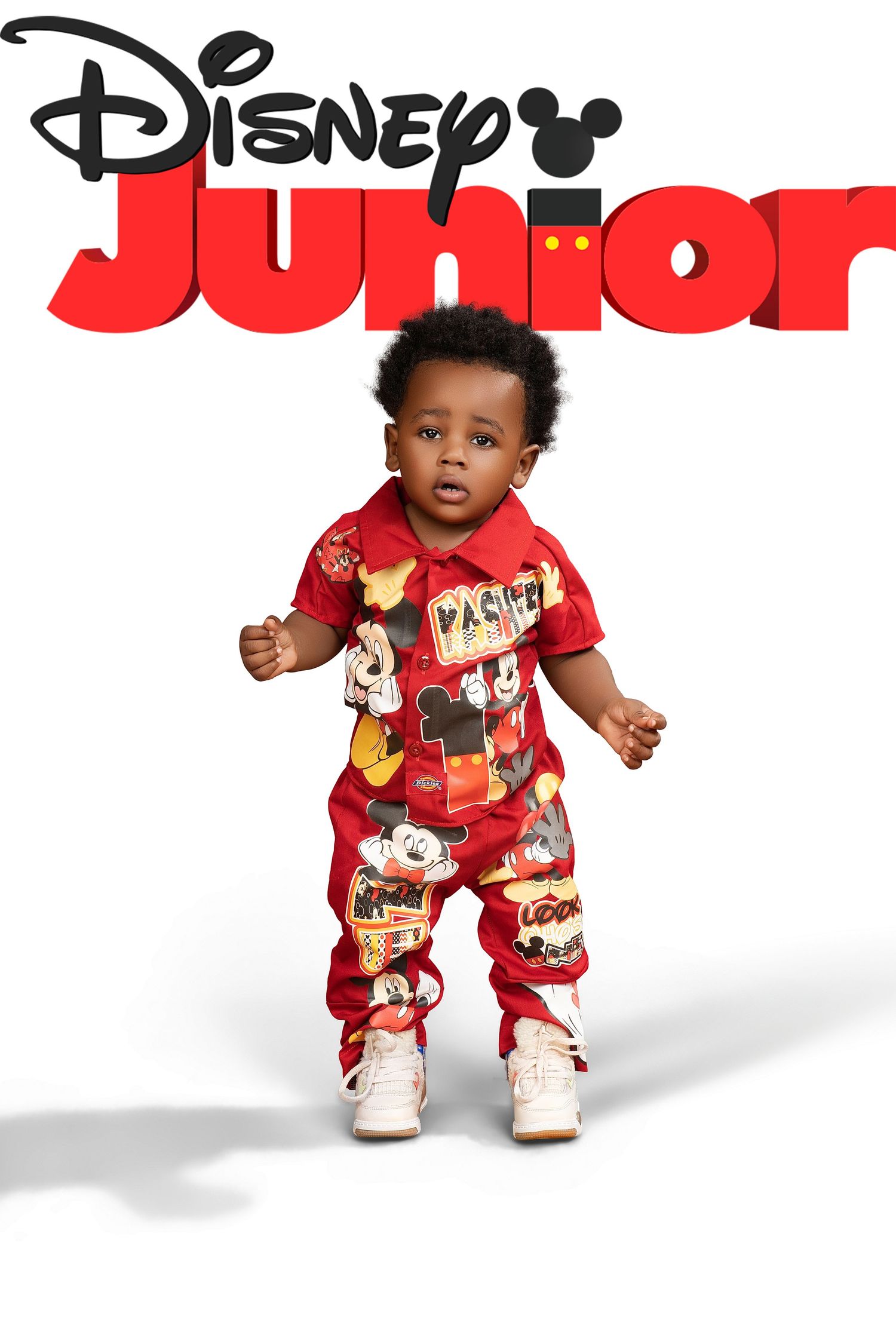 Toddler in a red Mickey Mouse print romper and white sneakers standing beneath the Disney Junior logo on a white background.