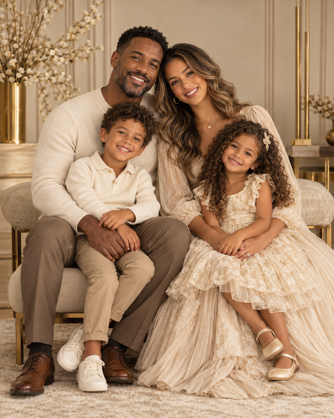 A smiling family of four in cream and neutral outfits poses together on a cushioned bench in an elegant, softly lit room with gold accents.
