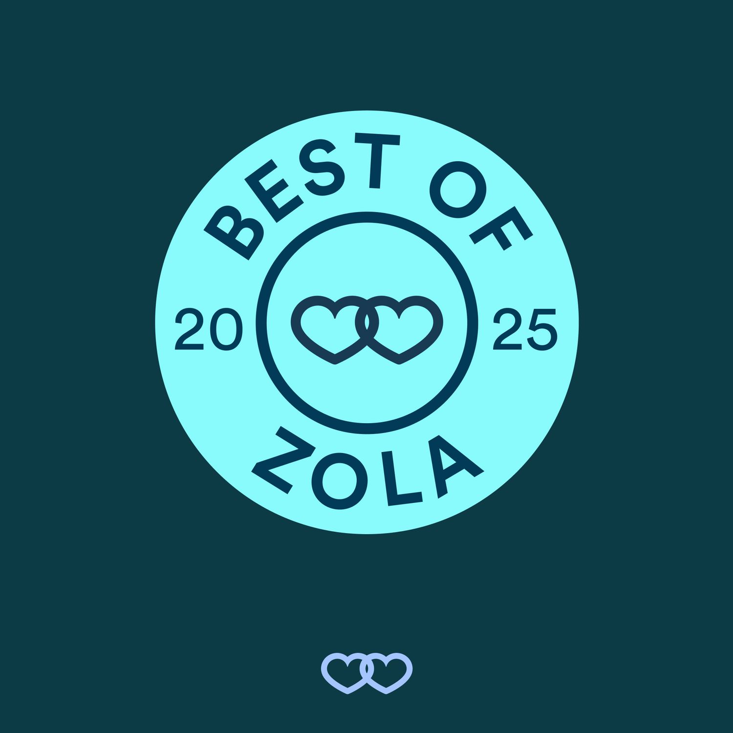 Light blue circular badge with interlocking hearts showing Best of Zola 2025.