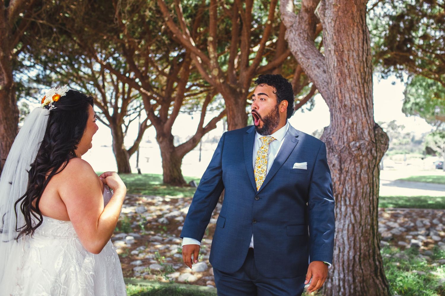 surprised first look reaction from groom at wedding