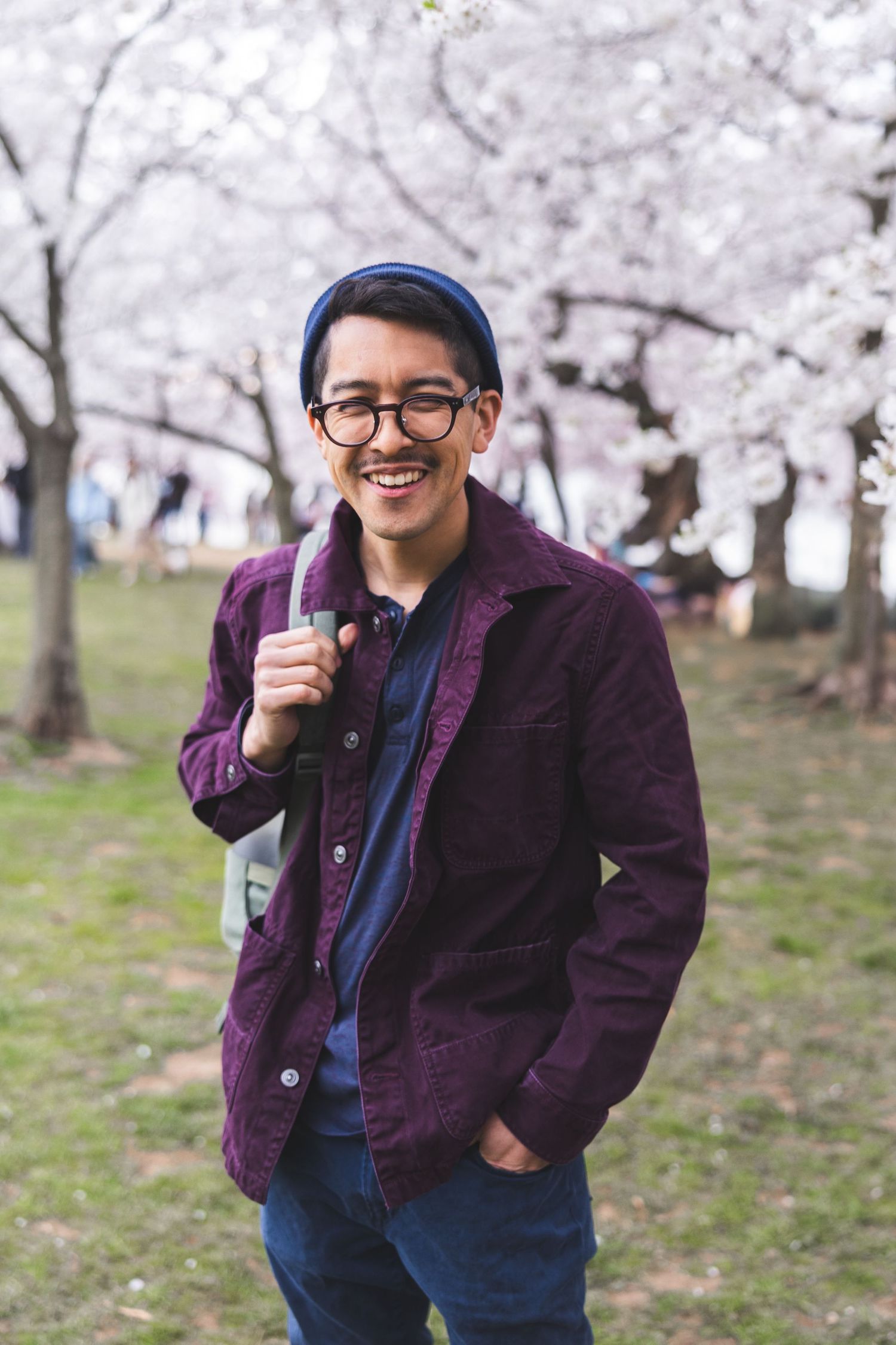 Someone wearing a purple jacket and glasses stands in front of blooming cherry blossom trees in spring.
