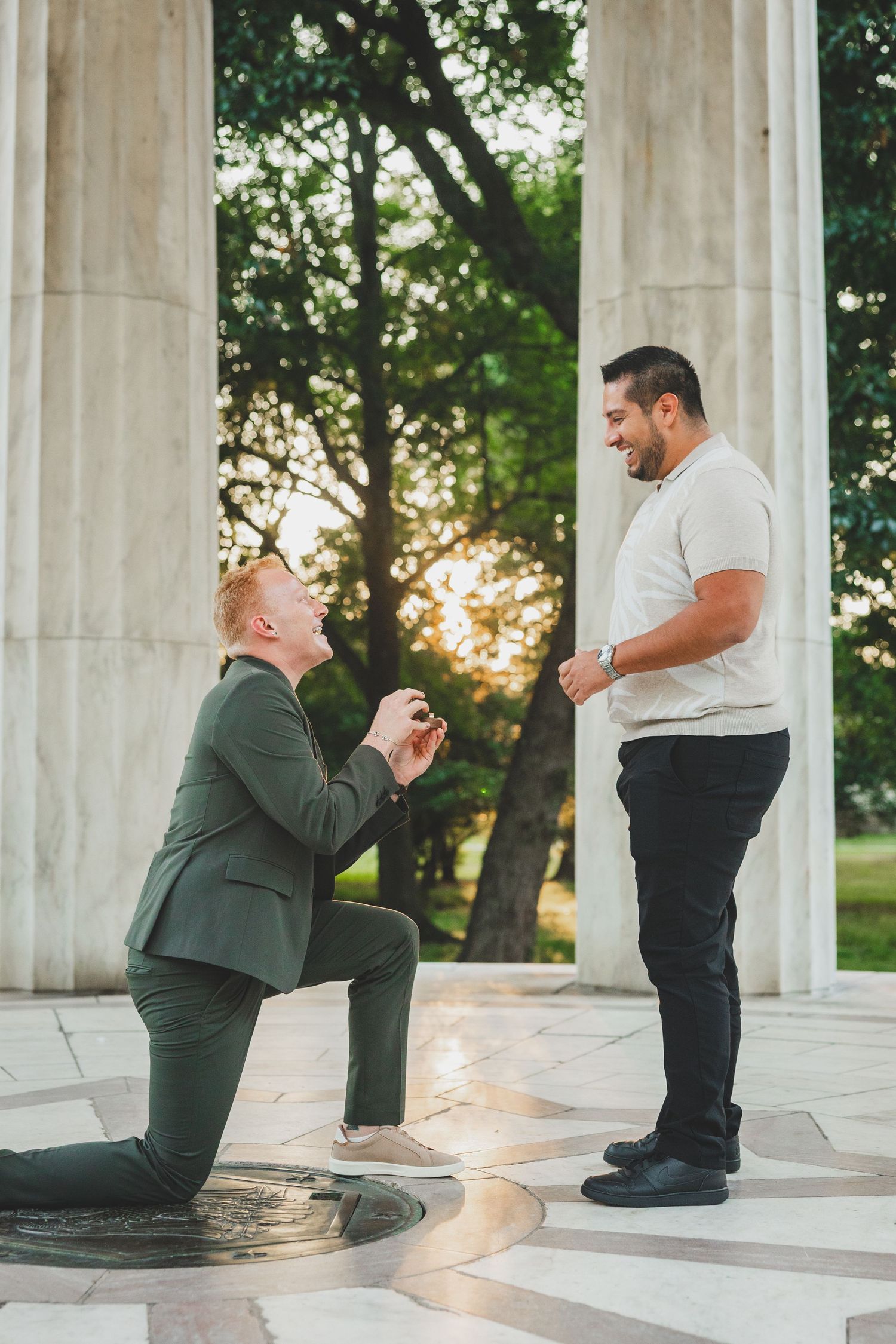 A proposal scene unfolds in sequence at a DC War Memorial with LGBT couple