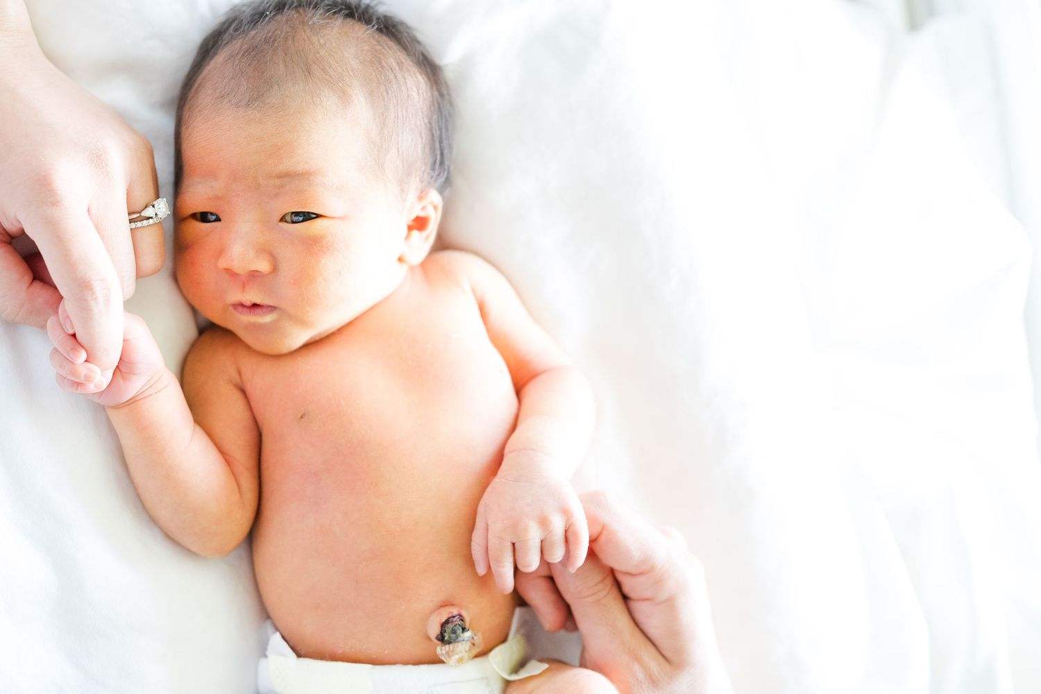A newborn baby lies peacefully on soft white bedding while being gently touched by caring hands.　Oahu Newborn Photographer