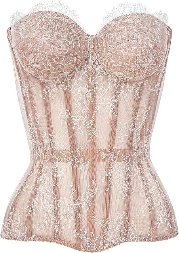 Elegant blush pink lace corset with delicate floral patterns and boning details in a classic Victorian style.