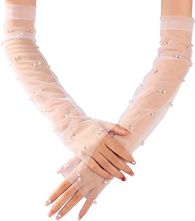 Long sheer white mesh gloves with pearl beads and sparkly embellishments for bridal or formal occasions.