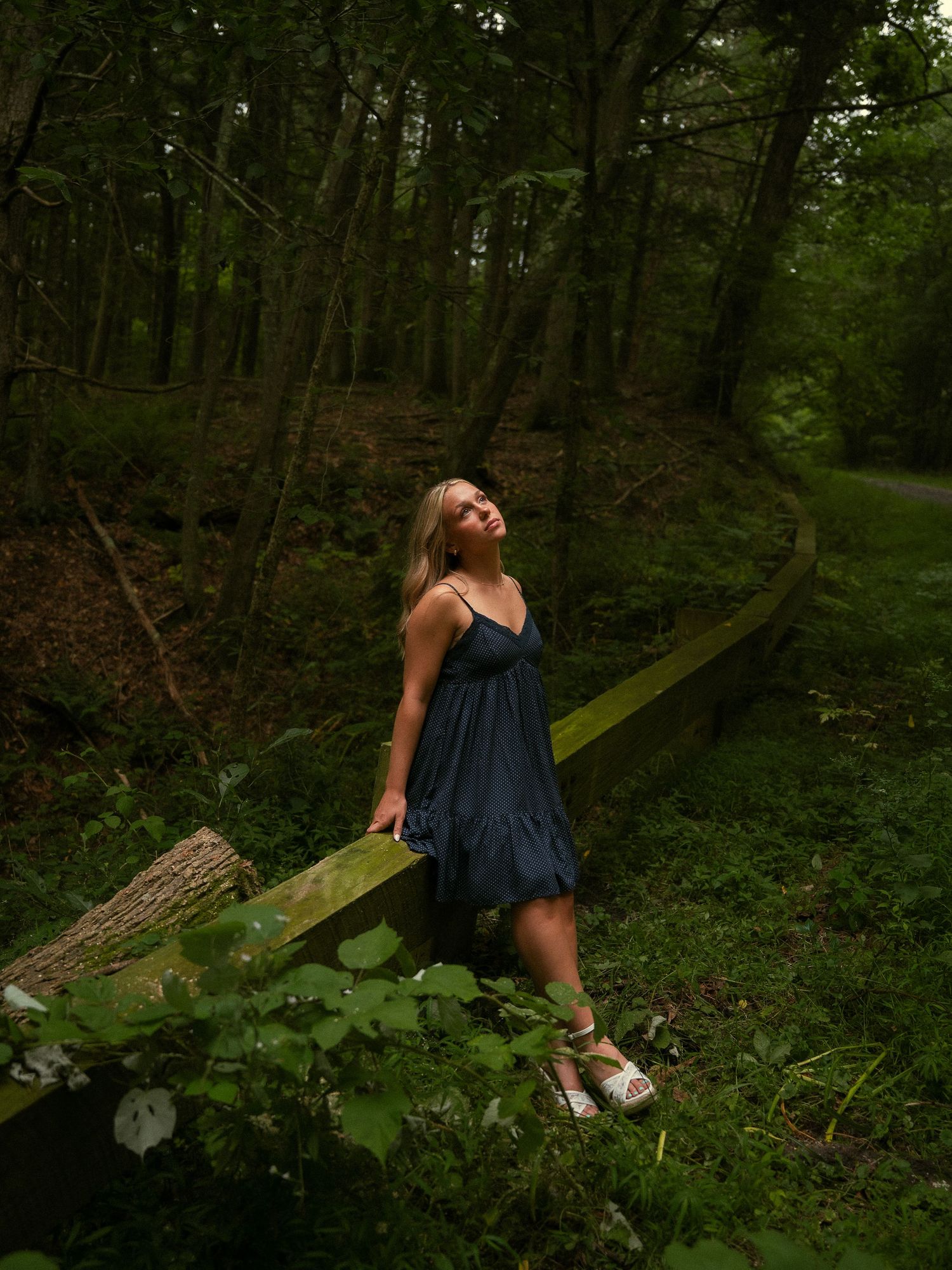 A young woman in a navy blue sundress poses gracefully against a wooden fence on a lush green forest trail.
