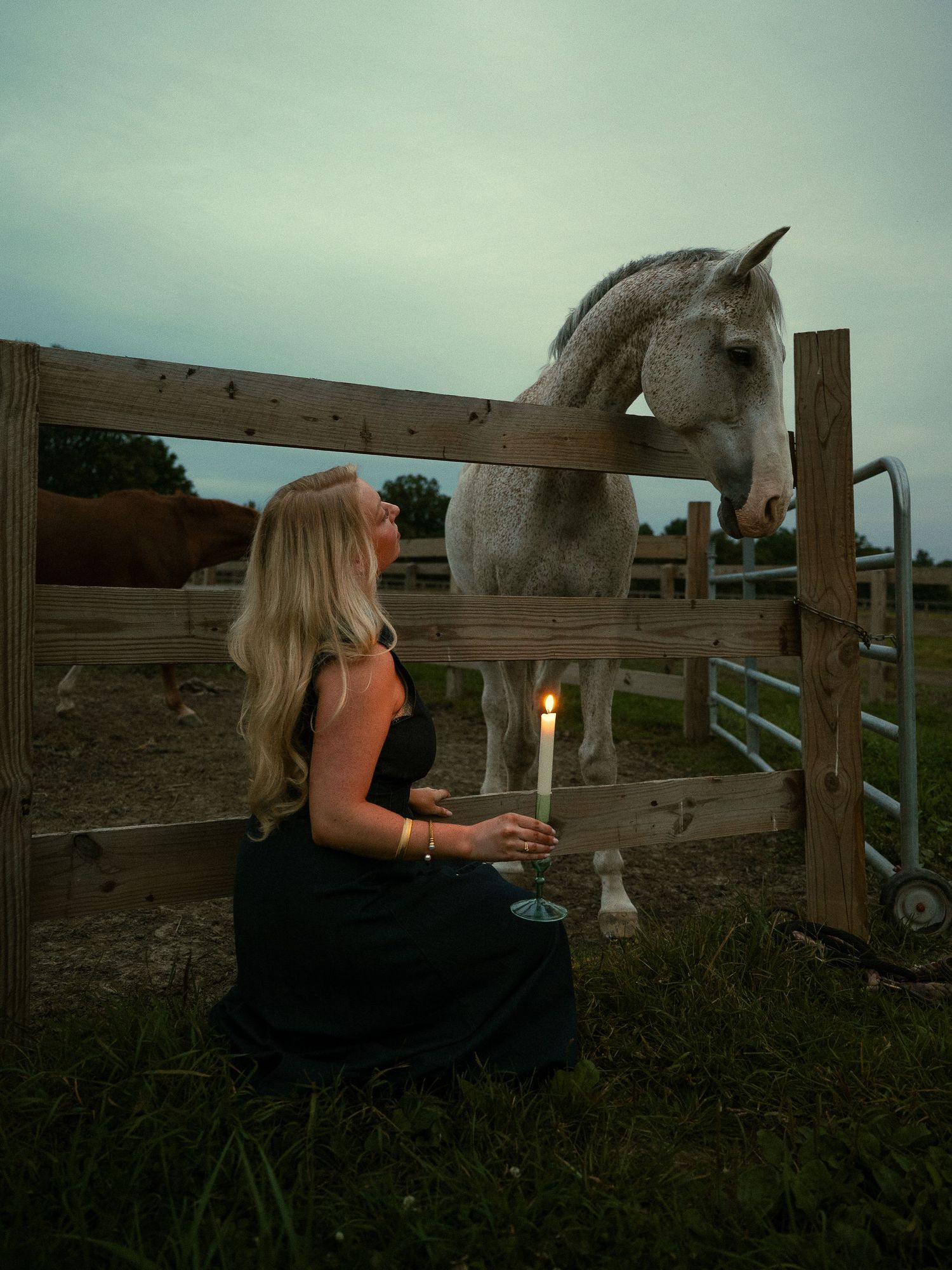 Woman in black dress holds candle beside white horse at wooden fence during dusk on a farm.