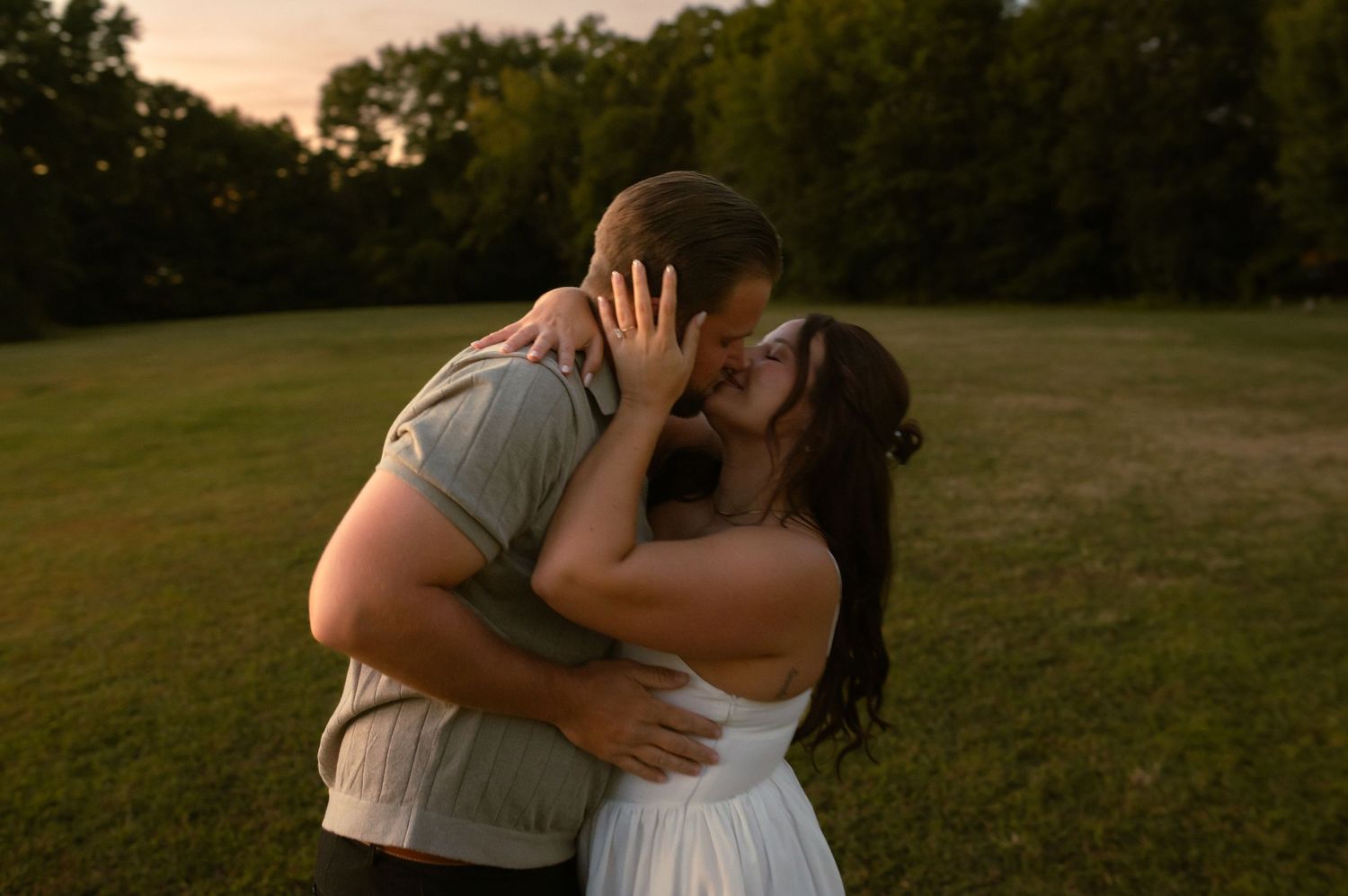 A romantic sequence of photos showing a couple embracing in a sunlit meadow.