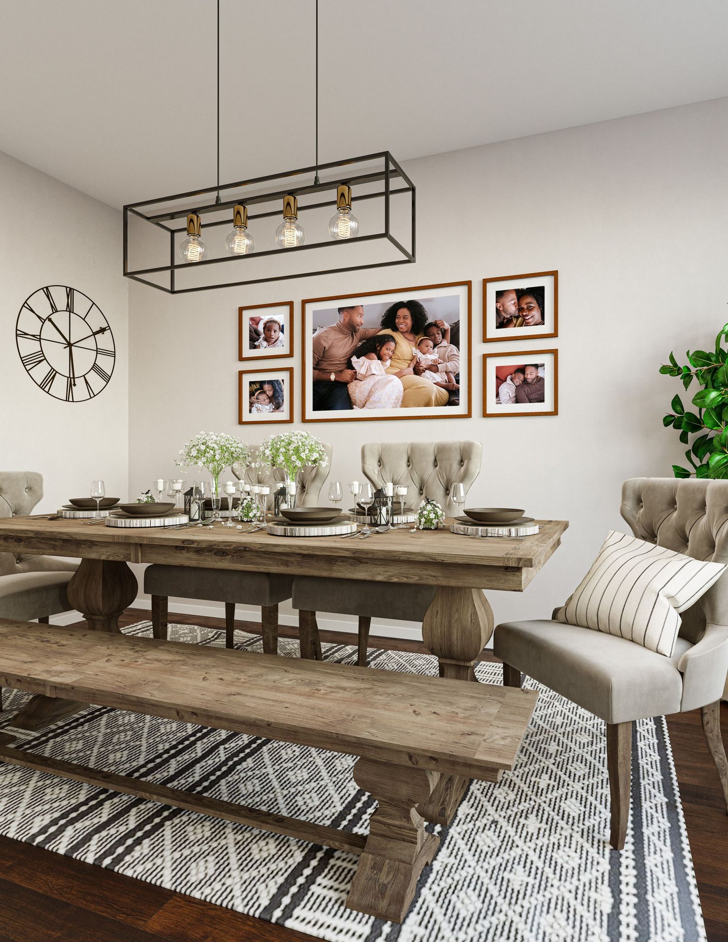 Modern dining room setup with rustic wood table, upholstered chairs, and geometric light fixture on patterned area rug.