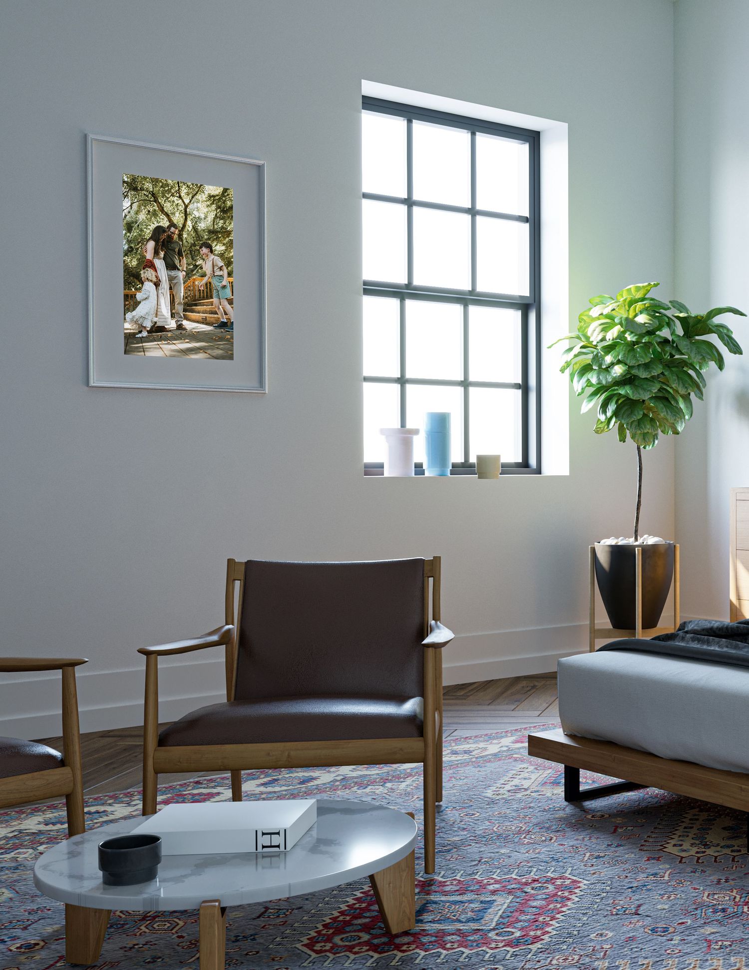 Modern living room interior with wooden armchair, oriental rug, and natural light from windows. Framed portrait of family on the wall