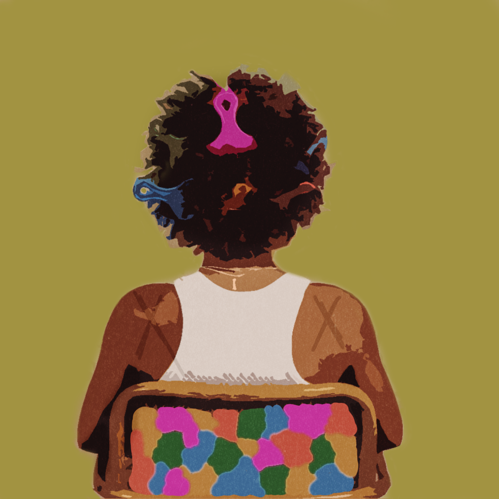 Illustration of a child seen from behind with natural hair, pink hair clip, white top, and colorful patchwork bag on olive background.