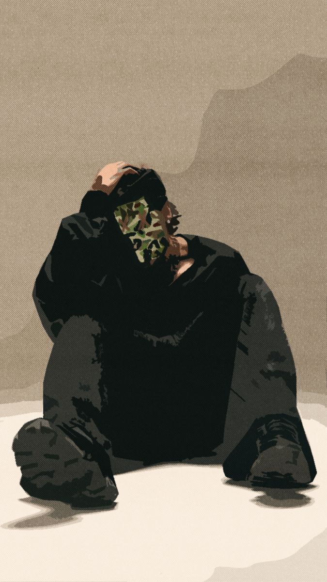 Digital art of a figure in all-black outfit sitting on floor, wearing camo face mask, head in hands.