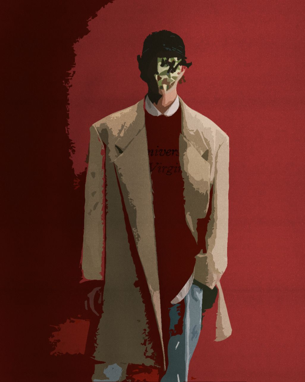 Dark digital art of a mysterious figure in a tan trench coat holding a bloody knife against a red background.