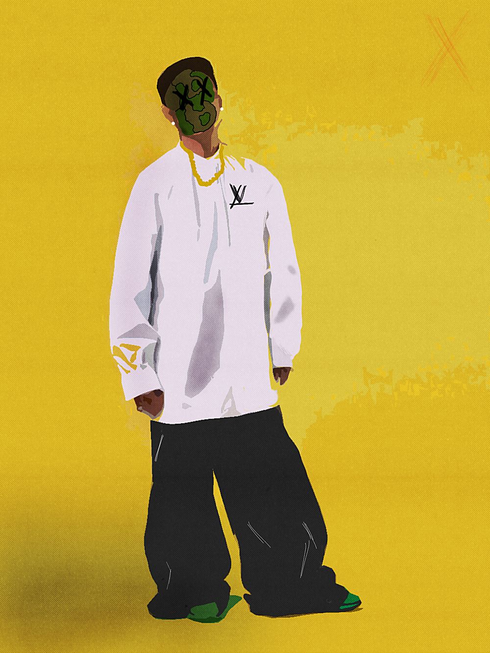Digital illustration of a figure in oversized white Louis Vuitton shirt, wide-leg pants, gold chain, green mask on yellow background.