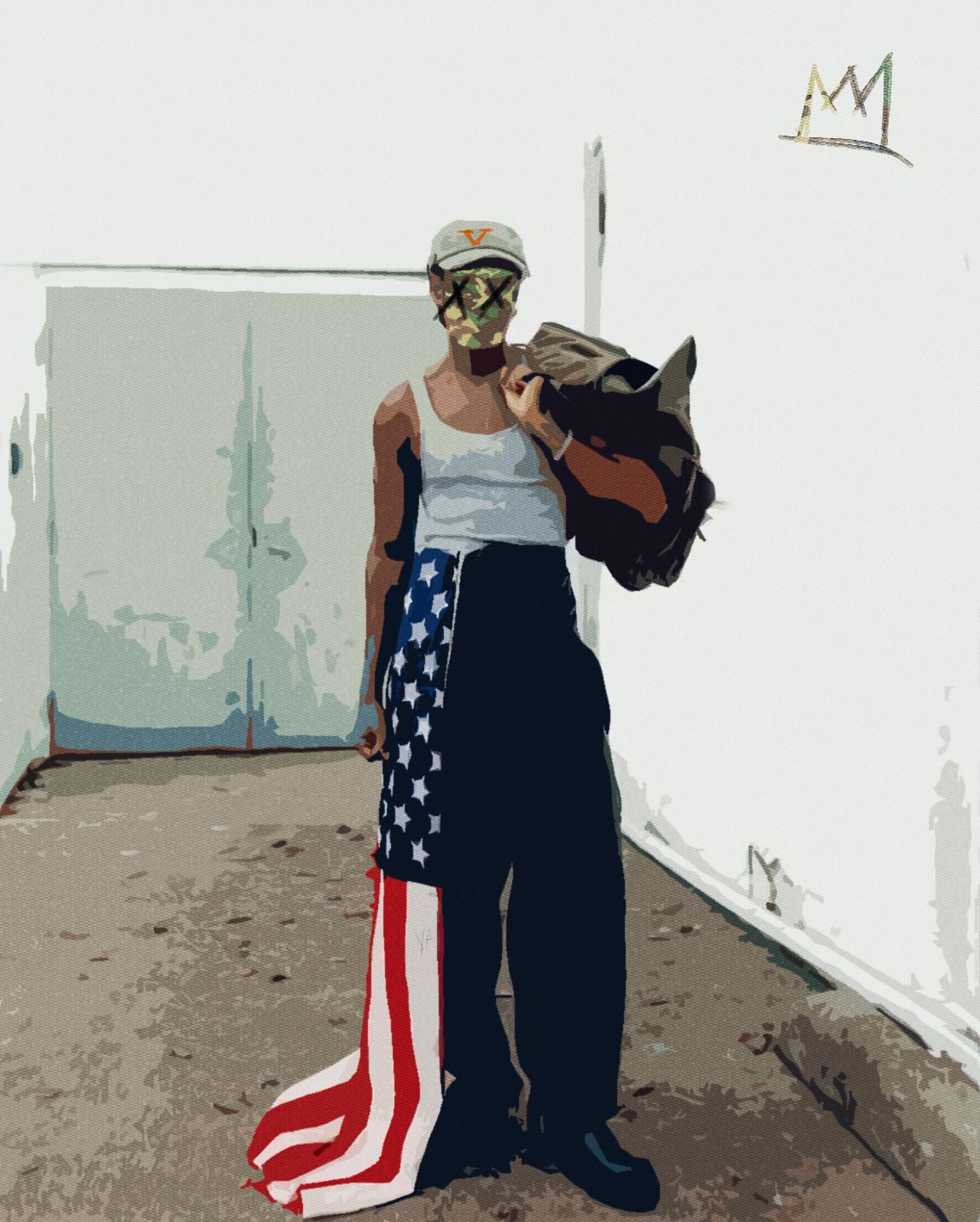 Person wearing a gas mask and American flag draped over pants, holding a bag, with a crown logo visible.
