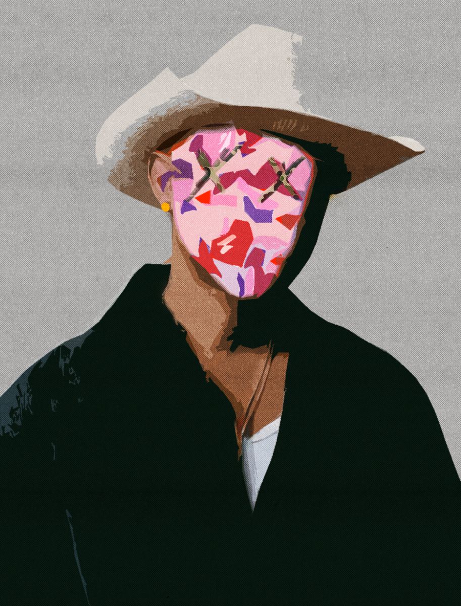 Digital art portrait of a figure wearing a white cowboy hat and black jacket with a colorful pink camo pattern covering the face.