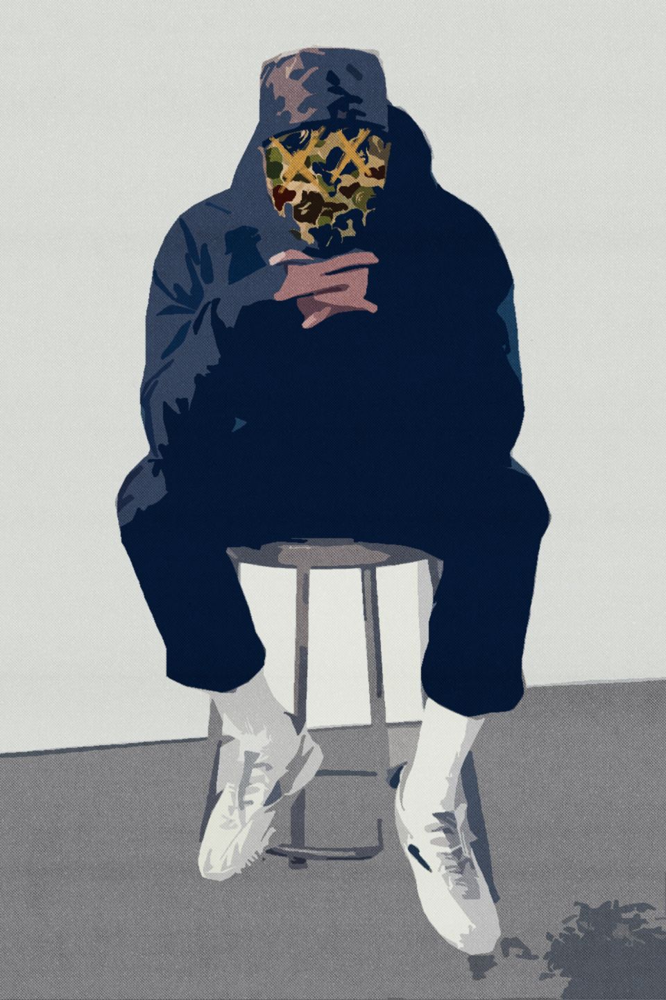 Illustrated figure in dark hoodie and camo bucket hat sits hunched on stool, wearing white sneakers.