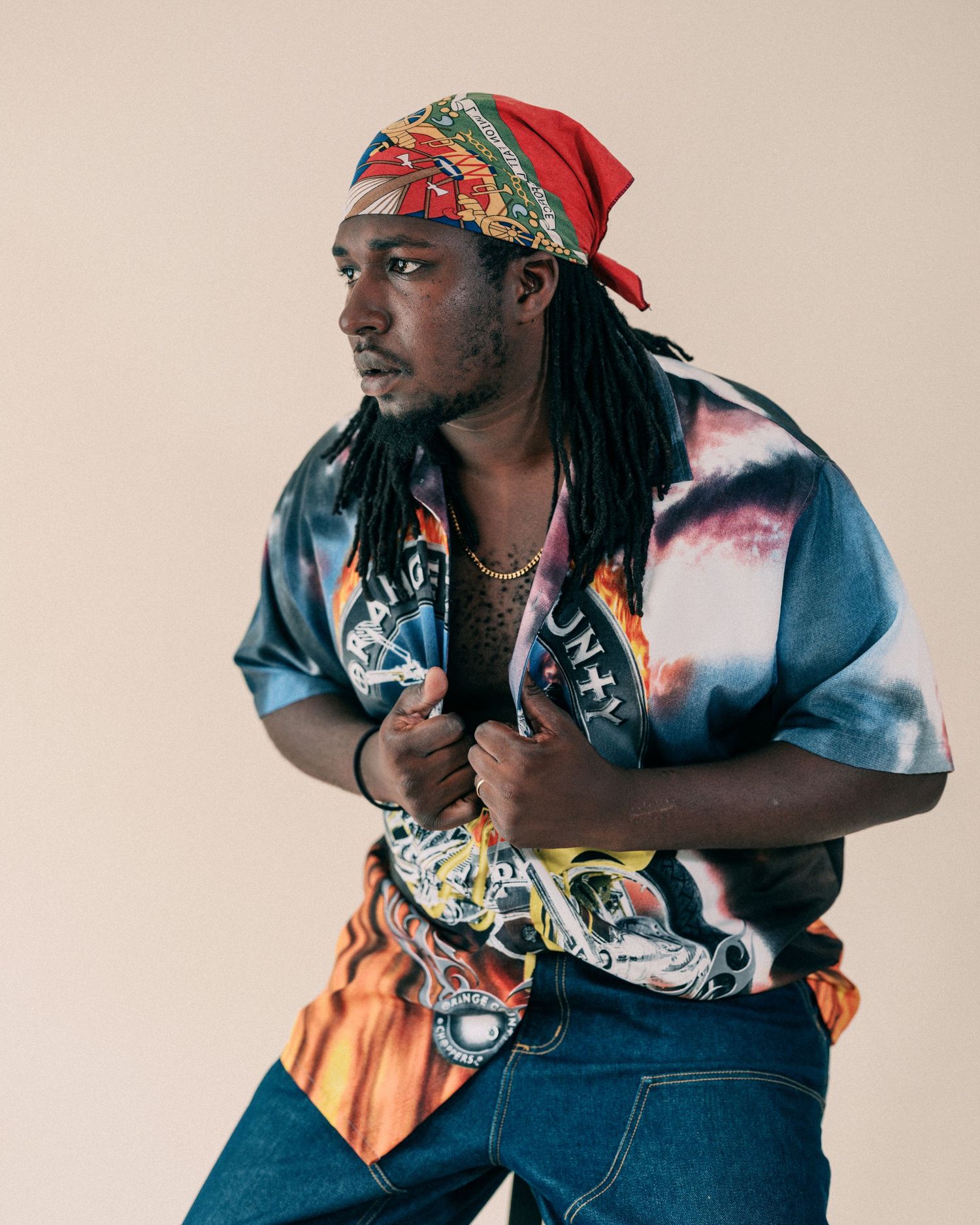 Fashion portraits showing someone in denim and colorful bandana posing against neutral background.