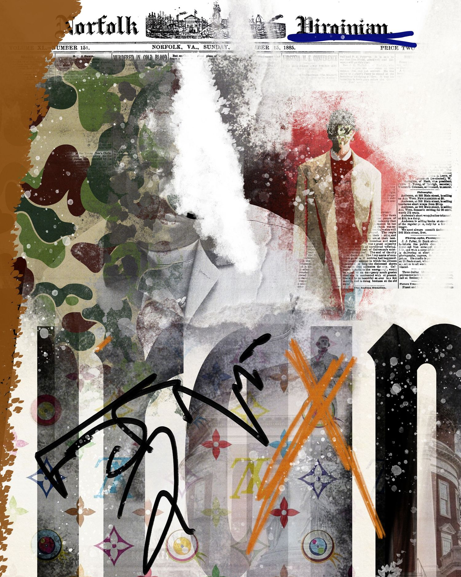 Mixed media collage art featuring newspaper, camouflage, Louis Vuitton motifs, graffiti signatures, and a suited figure.