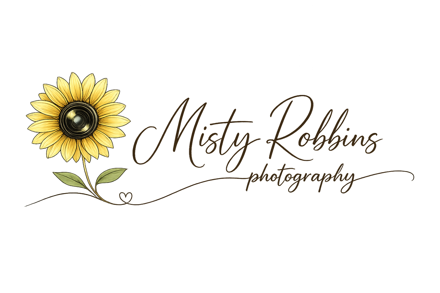Misty Robbins Photography logo featuring a sunflower with a camera lens center and elegant script text.