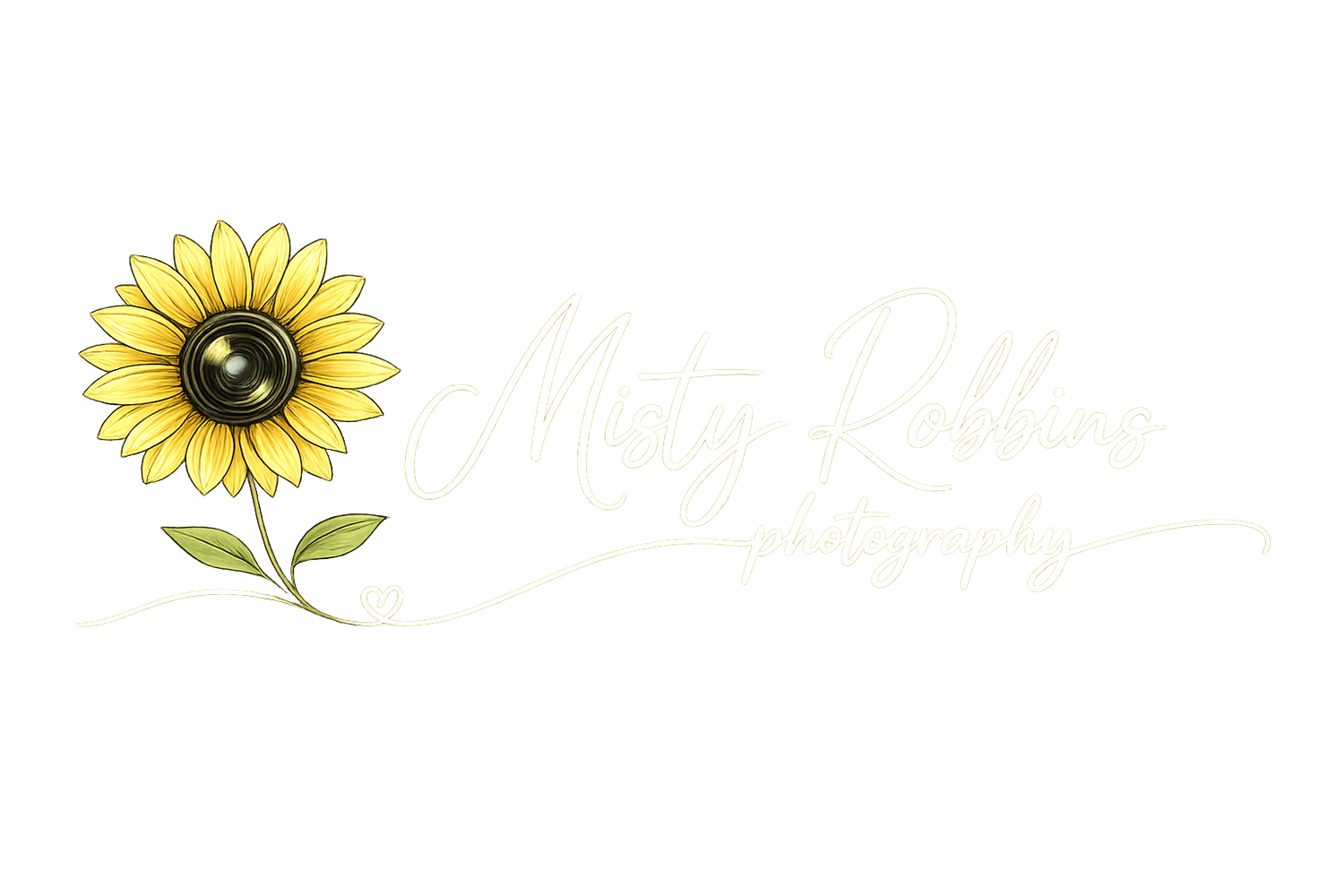 Misty Ribbon Photography logo featuring a hand-drawn sunflower with a camera lens center and elegant script text.