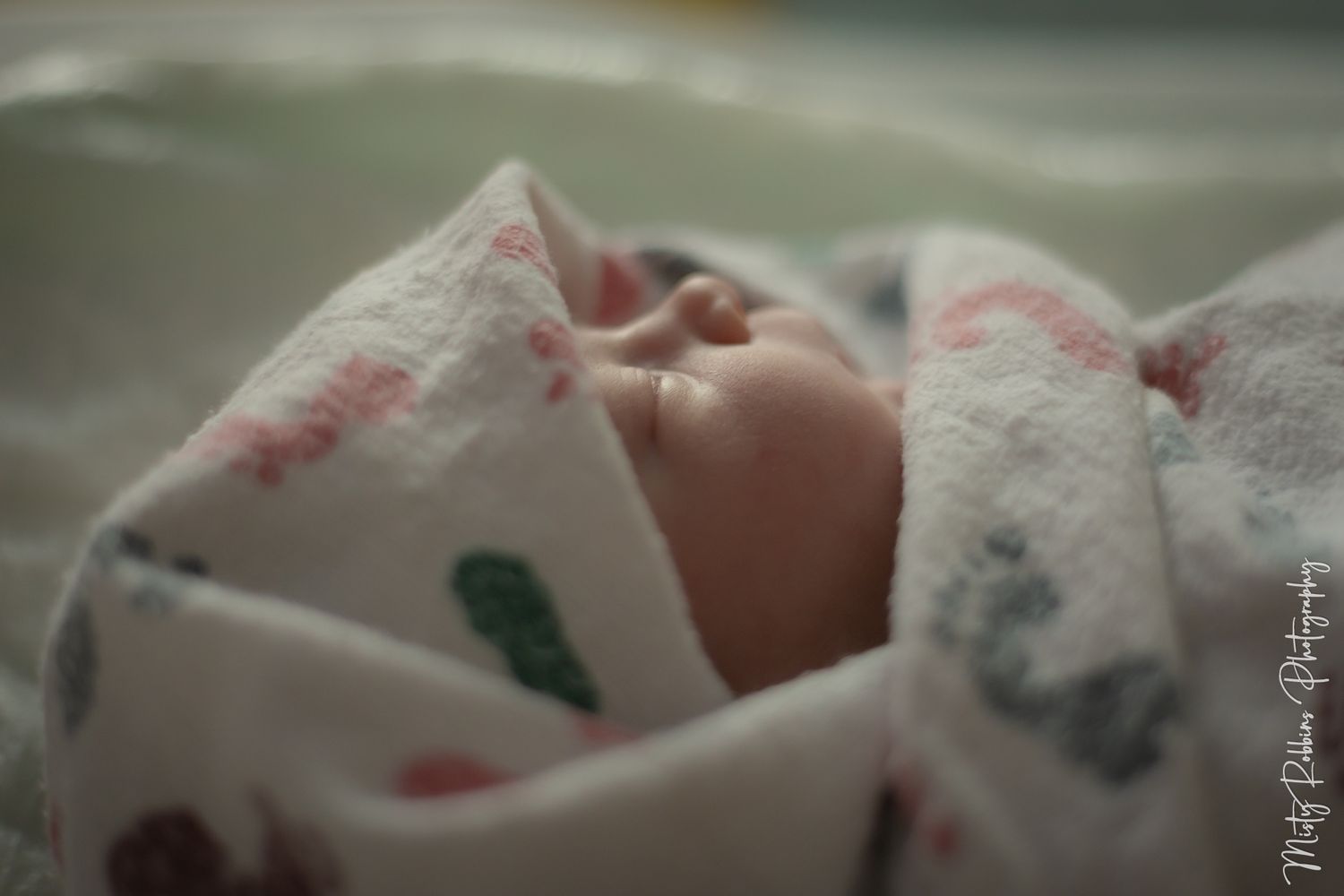 Newborn baby wrapped snugly in a white floral hospital blanket, sleeping peacefully in a bassinet.