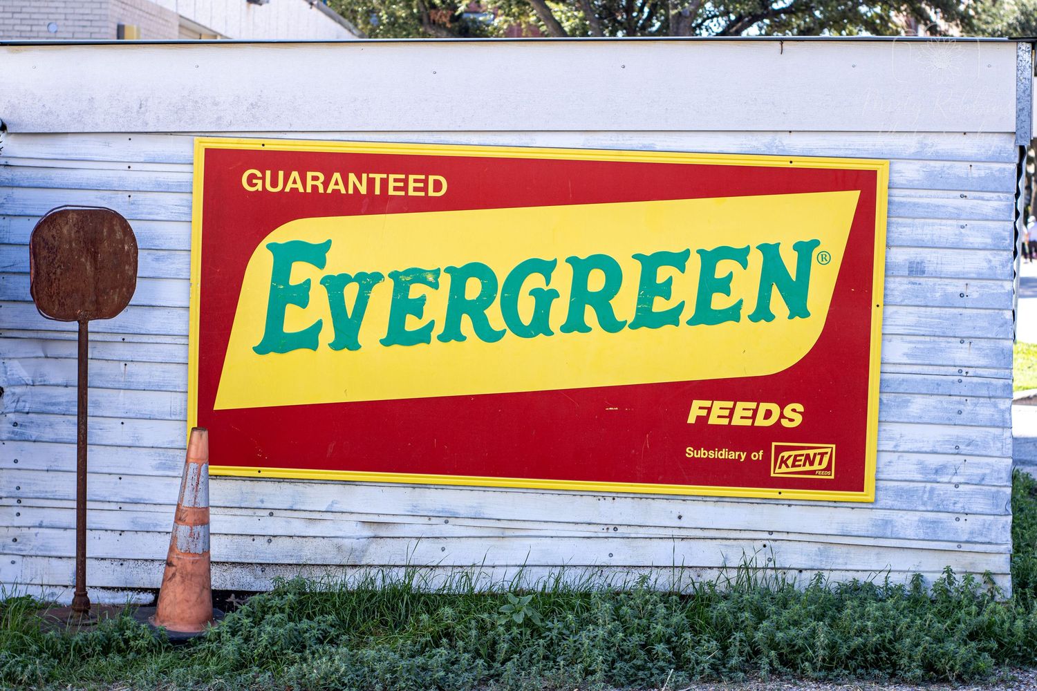 Vintage red and yellow Evergreen Feeds advertisement sign mounted on a white wall.
